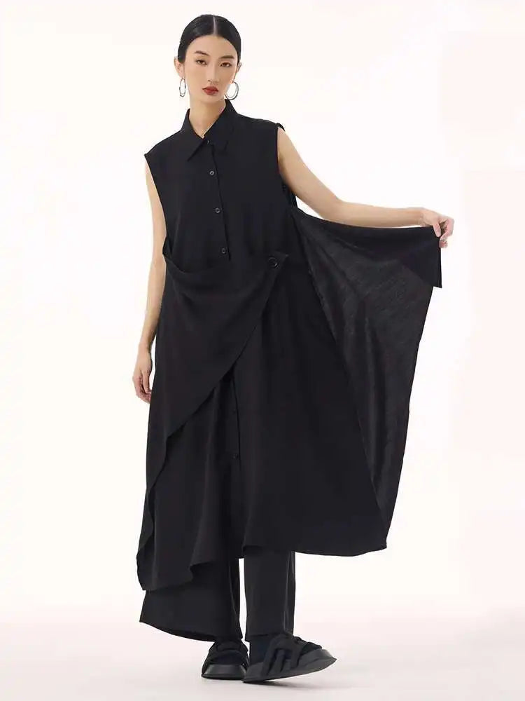 Women Khaki Irregular Spliced Big Size Midi Shirt Dress New Lapel Sleeveless Fashion Tide Spring Summer 2025 1DH9434