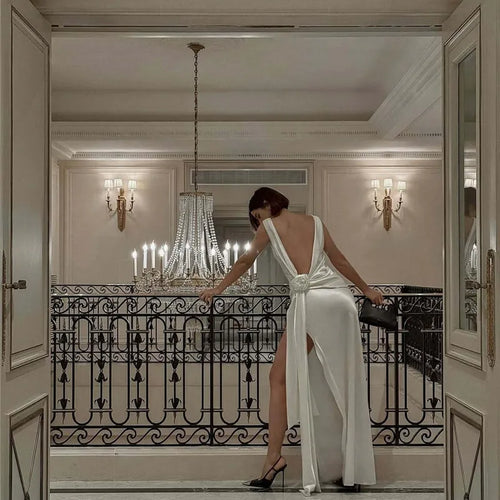 Load image into Gallery viewer, Satin Backless Sexy Maxi Dress For Women Elegant Rose Thigh High Split Beach Holiday Long Dress Gorgeous Club Gown
