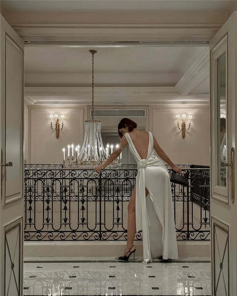 Satin Backless Sexy Maxi Dress For Women Elegant Rose Thigh High Split Beach Holiday Long Dress Gorgeous Club Gown