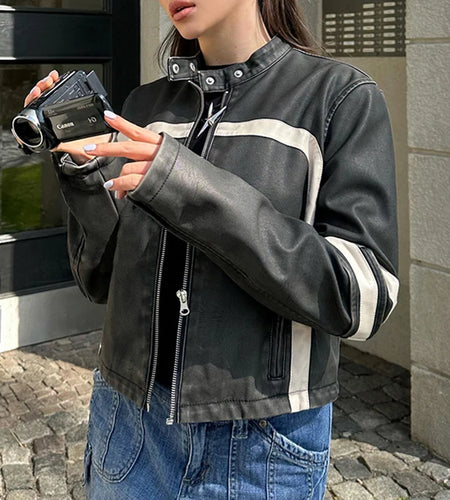 Chic Fashion Stripe Stitched PU Leather Jacket Female Streetwear Zip Up Coat Autumn Winter Moto Style Jackets Outfits