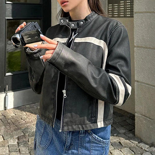 Load image into Gallery viewer, Chic Fashion Stripe Stitched PU Leather Jacket Female Streetwear Zip Up Coat Autumn Winter Moto Style Jackets Outfits
