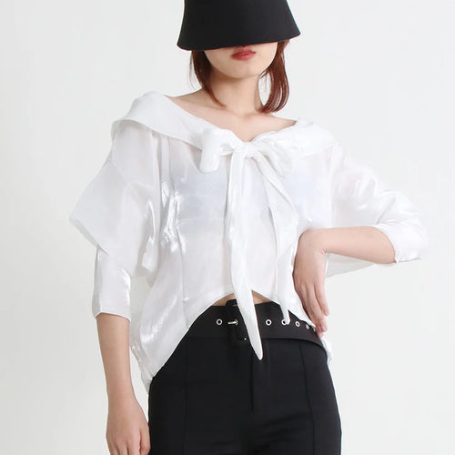 Load image into Gallery viewer, Straight Lace Up Shirt For Women Slash Neck Three Quarter Sleeve Solid Open Stitch Blouses Female Clothing Fashion
