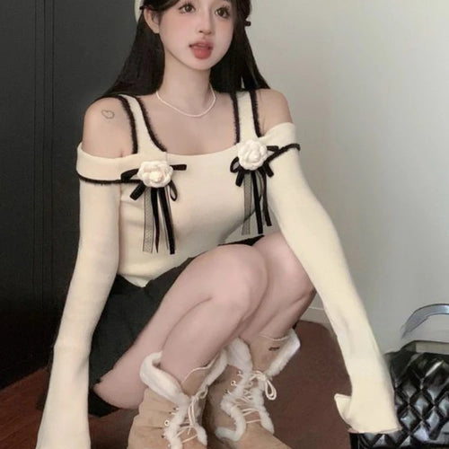 Load image into Gallery viewer, Slash Neck Knitted Y2k Aesthetic Tshirts Streetwear 3D Flower Women Slim Fit Crop Tees Vintage Harajuku Irregular Basic T-shirt
