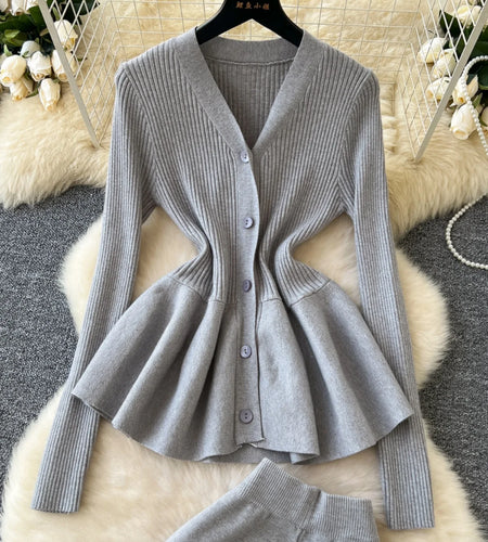 Autumn Winter New Gray Two Pieces Sets Women V-neck Long Sleeved Button Ruffles Cardigan Knit Sweater And High Waist Flared Pant