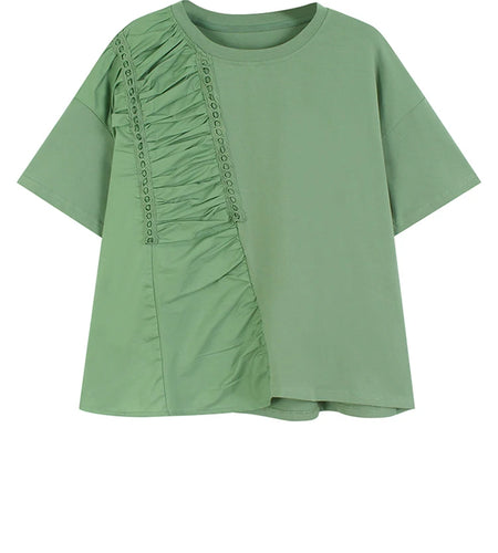 Women Green Pleated Irregular Spliced Big Size T-shirt New Round Neck Short Sleeve Fashion Tide Spring Summer 2025 1DJ1120