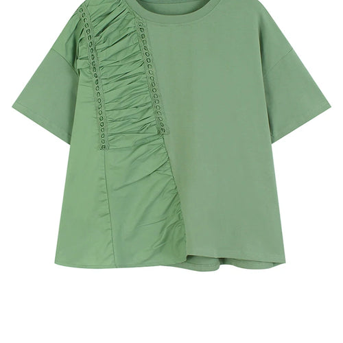 Load image into Gallery viewer, Women Green Pleated Irregular Spliced Big Size T-shirt New Round Neck Short Sleeve Fashion Tide Spring Summer 2025 1DJ1120
