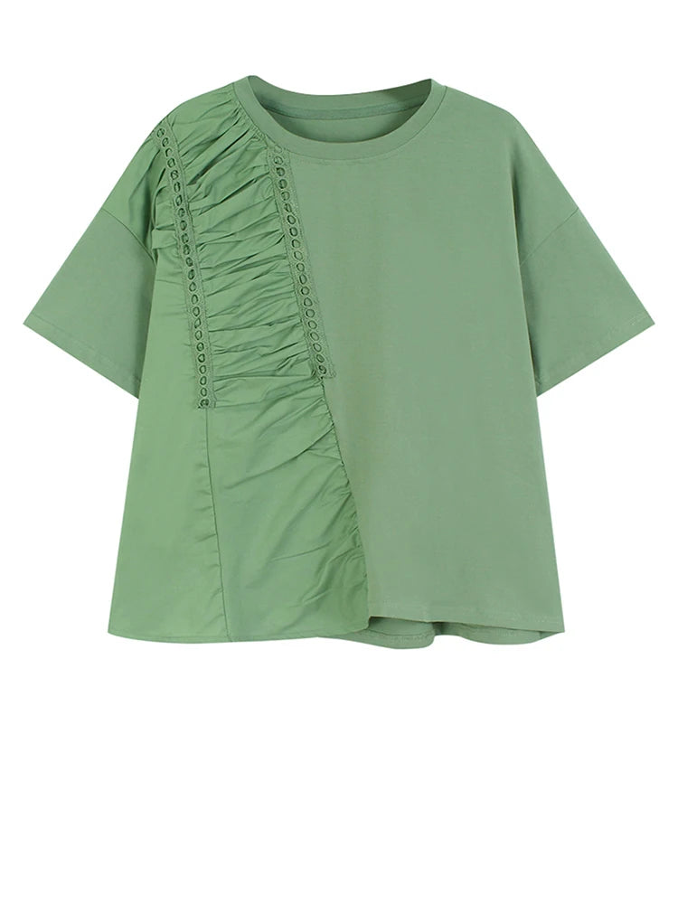 Women Green Pleated Irregular Spliced Big Size T-shirt New Round Neck Short Sleeve Fashion Tide Spring Summer 2025 1DJ1120