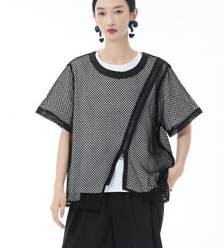 Women Black Grid Hollow Out Irregular Big Size T-shirt New Round Neck Short Sleeve Fashion Tide Spring Summer 2025 1DJ1602