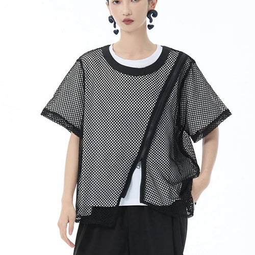 Load image into Gallery viewer, Women Black Grid Hollow Out Irregular Big Size T-shirt New Round Neck Short Sleeve Fashion Tide Spring Summer 2025 1DJ1602
