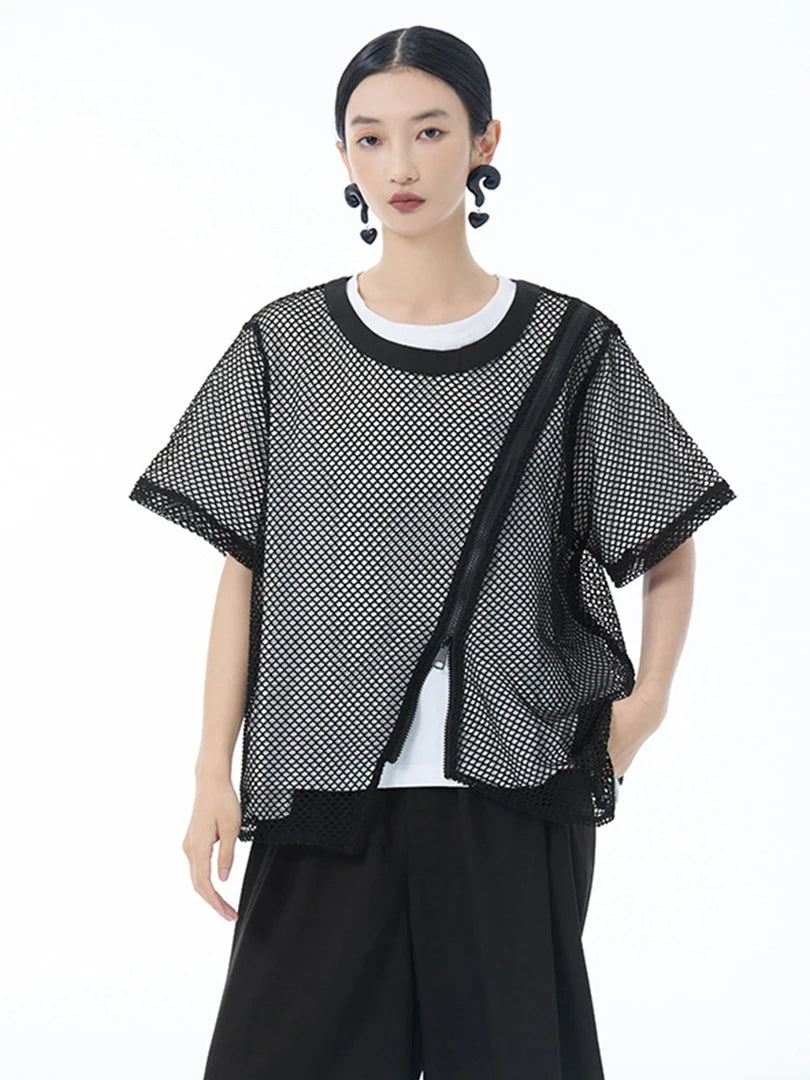 Women Black Grid Hollow Out Irregular Big Size T-shirt New Round Neck Short Sleeve Fashion Tide Spring Summer 2025 1DJ1602