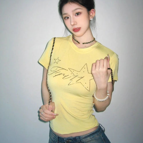Load image into Gallery viewer, 2025 Summer Yellow Gothic Tee Femme Y2k Aesthetic Slim Women Sexy Crop T-shirt Vintage Diamond Letter Streetwear Grunge Tshirts
