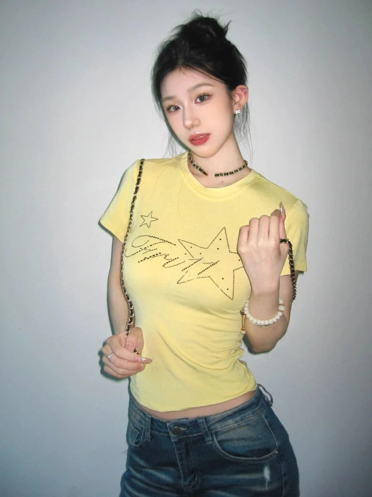 2025 Summer Yellow Gothic Tee Femme Y2k Aesthetic Slim Women Sexy Crop T-shirt Vintage Diamond Letter Streetwear Grunge Tshirts