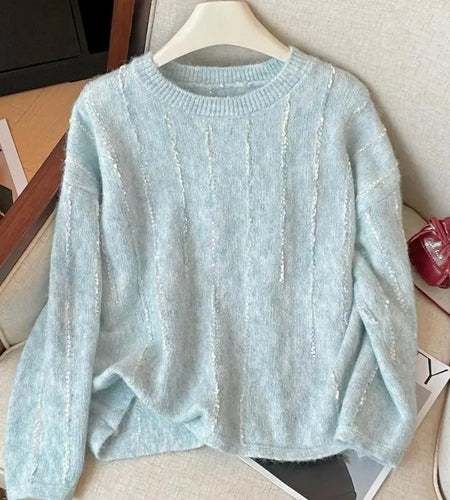 Korean Autumn Winter Beige Long Sleeves Loose Knit Crochet Sweater Women's Blue Round Neck Versatile Short Pullover Tops Popular