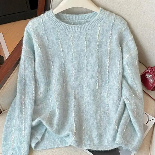 Load image into Gallery viewer, Korean Autumn Winter Beige Long Sleeves Loose Knit Crochet Sweater Women's Blue Round Neck Versatile Short Pullover Tops Popular
