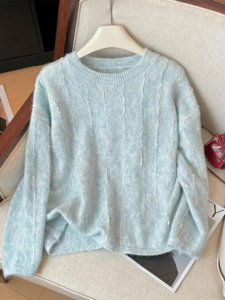 Korean Autumn Winter Beige Long Sleeves Loose Knit Crochet Sweater Women's Blue Round Neck Versatile Short Pullover Tops Popular