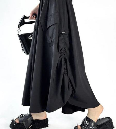 High Elastic Waist Black Pocket Pleated Drawstring A-line Half-body Skirt Women Fashion New Spring Autumn 2025 1DJ1169