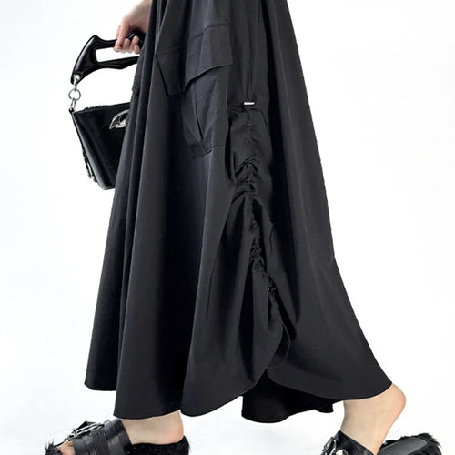 Load image into Gallery viewer, High Elastic Waist Black Pocket Pleated Drawstring A-line Half-body Skirt Women Fashion New Spring Autumn 2025 1DJ1169
