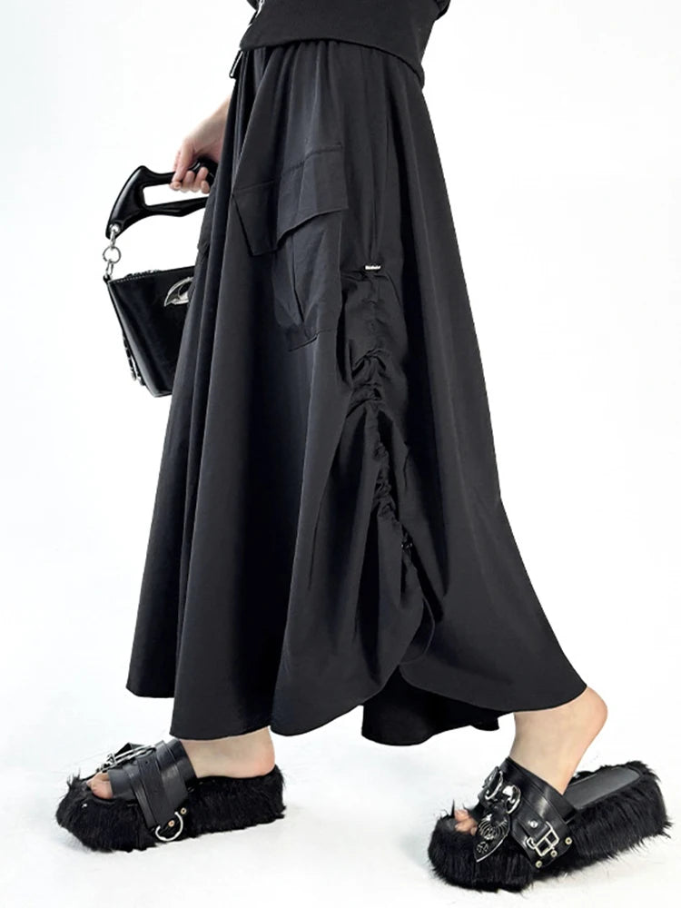 High Elastic Waist Black Pocket Pleated Drawstring A-line Half-body Skirt Women Fashion New Spring Autumn 2025 1DJ1169