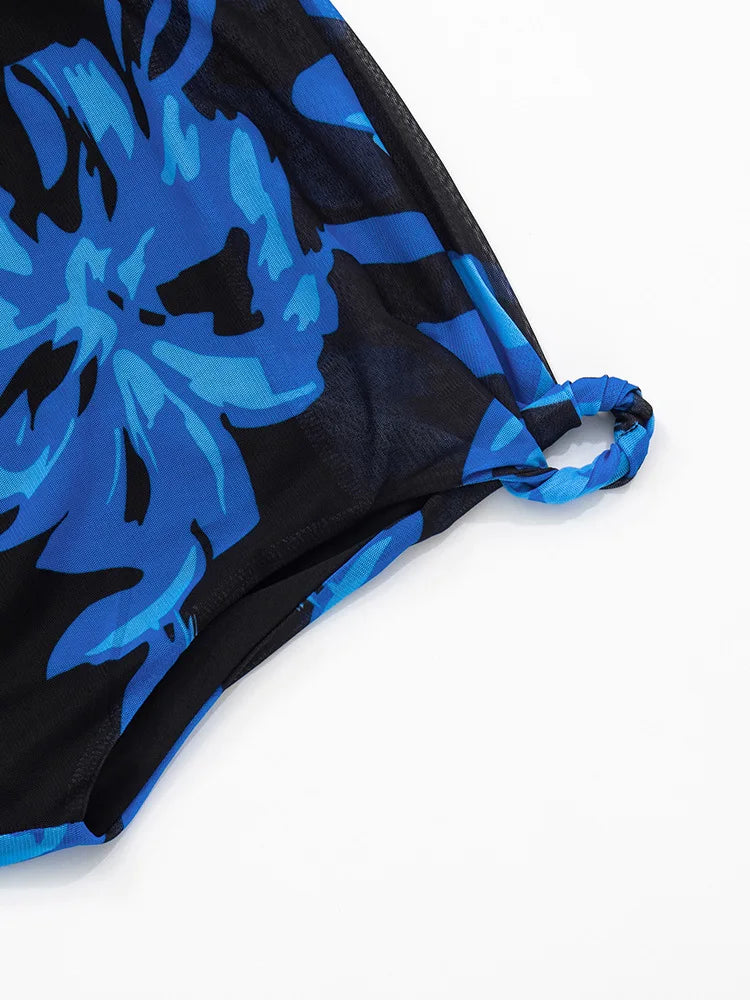 Blue Print Ruffled Sexy Mini Dress For Women Robe Irregular Oblique Shoulder Sleeveless Backless Club Party Dress Beach