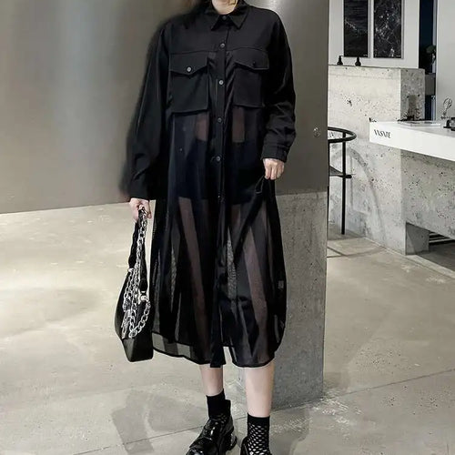 Load image into Gallery viewer, Women Army Green Mesh Color-block Big Size Long Shirt Dress New Lapel Long Sleeve Fashion Tide Spring Autumn 2025 1DH6066
