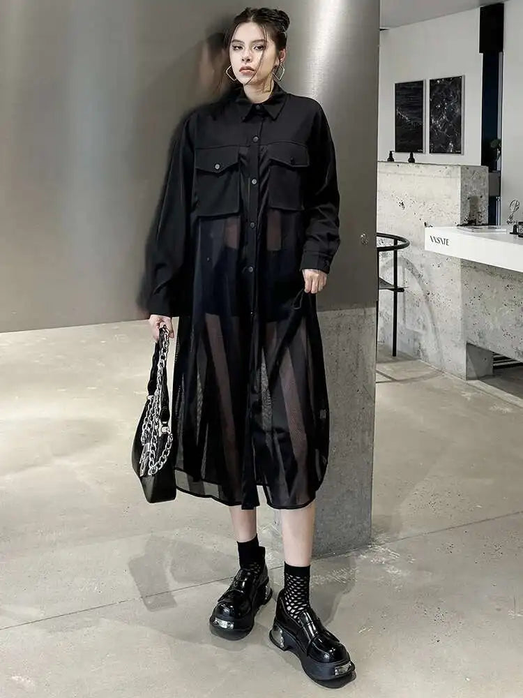 Women Army Green Mesh Color-block Big Size Long Shirt Dress New Lapel Long Sleeve Fashion Tide Spring Autumn 2025 1DH6066