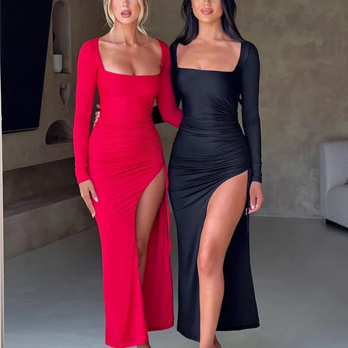 Load image into Gallery viewer, Long Sleeve Ruched High Split Maxi Dress Women Square Collar Drawstring Bodycon Sexy Party Long Dress Elegant Autumn
