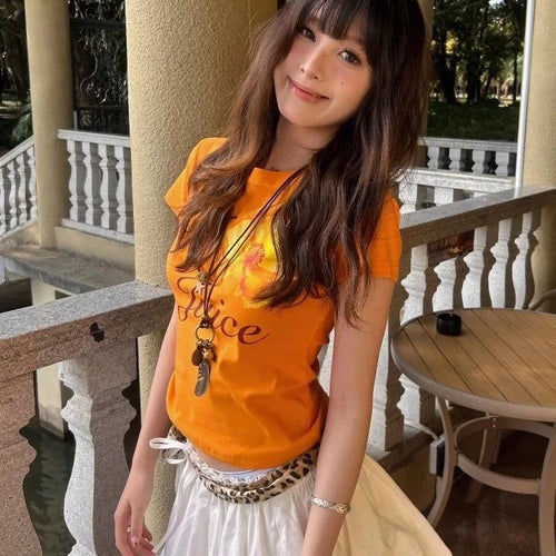 Load image into Gallery viewer, Harajuku Orange Flower Letter Printing T-shirts Streetwear Vintage Bodycon Fairy Tshirts Summer Women Y2k Aesthetic Grunge Tops
