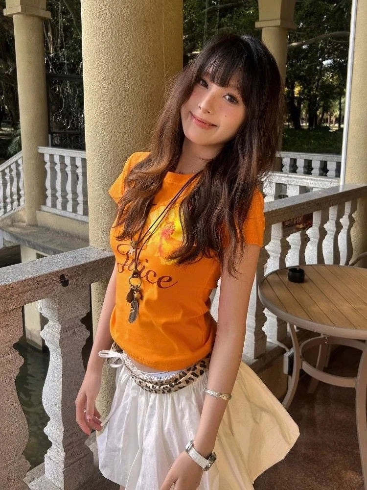 Harajuku Orange Flower Letter Printing T-shirts Streetwear Vintage Bodycon Fairy Tshirts Summer Women Y2k Aesthetic Grunge Tops