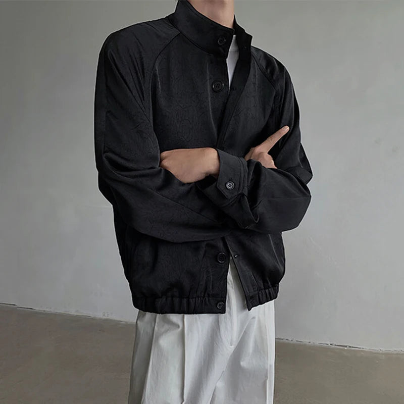 Korean New Chic Male Jacket Solid Color Stand Collar Single Breasted Jackets Elastic Hem Design Men Wear Spring 9W1341