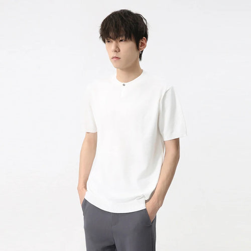 Load image into Gallery viewer, Summer Men&#39;s T-shirt Korean Style Simple Button Small Neck Design Knitted Top Trendy Solid Color Pullover 9C5834
