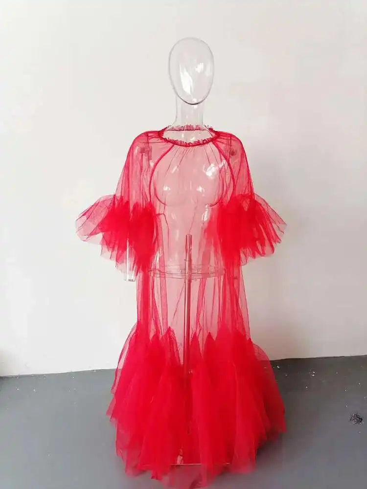 Women Black Ruffles Long Big Size Dress New Round Neck Three-quarter Sleeve Loose Fit Fashion Spring Summer 2025 JR77101