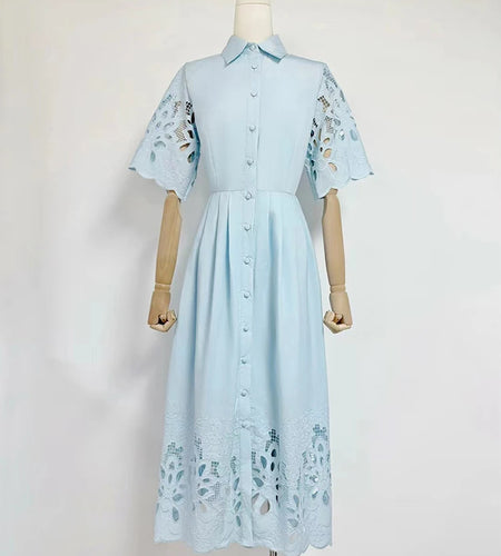 Solid Hollow Out Spliced Button Dresses For Women Lapel Short Sleeve High Waist Temperament Long Dress Female New