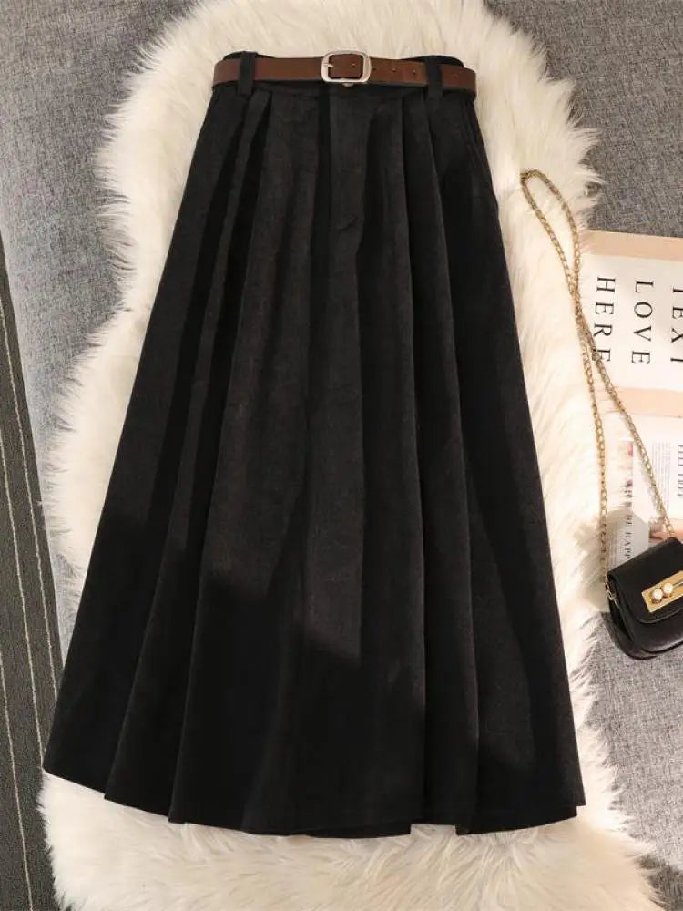 Retro Corduroy Black Pleated Umbrella Skirts For Women Autumn Winter Fashion Korean Streetwear Harajuku Brown Long Skirt Elegan