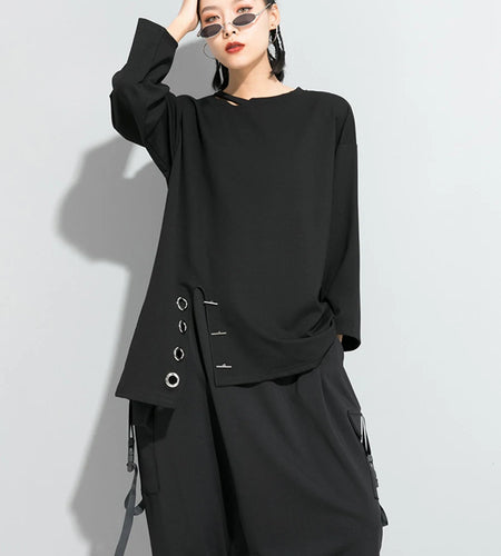 Women Black Asymmetrical Stitch Big Size T-shirt New Round Neck Long Sleeve  Fashion Tide  Spring Autumn 2025 1S190