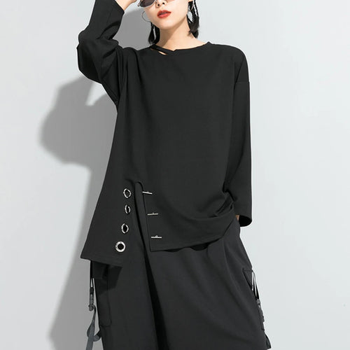 Load image into Gallery viewer, Women Black Asymmetrical Stitch Big Size T-shirt New Round Neck Long Sleeve  Fashion Tide  Spring Autumn 2025 1S190
