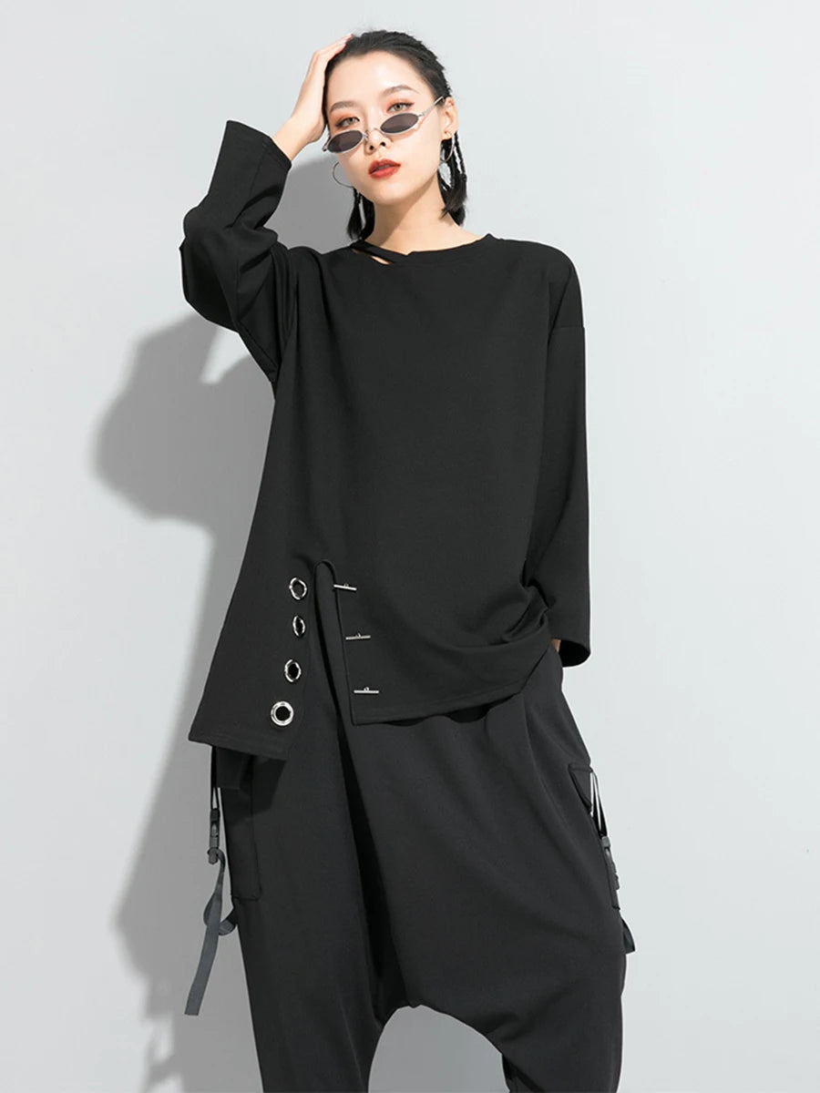 Women Black Asymmetrical Stitch Big Size T-shirt New Round Neck Long Sleeve  Fashion Tide  Spring Autumn 2025 1S190