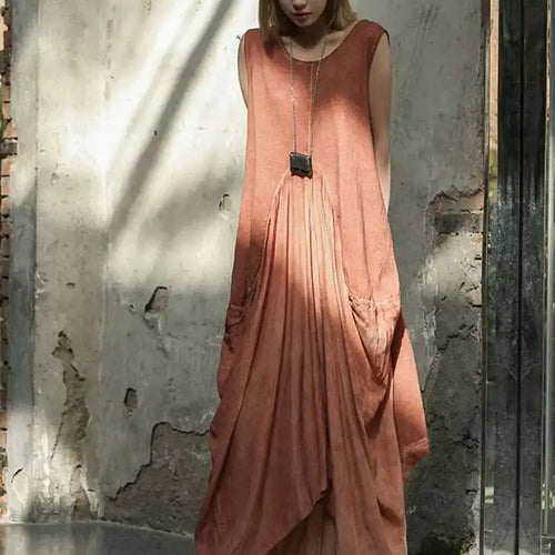 Load image into Gallery viewer, Women Orange Pleated Vintage Casual Dress New Round Neck Sleeveless Loose Fit Fashion Tide Spring Summer 2025 1DF6825
