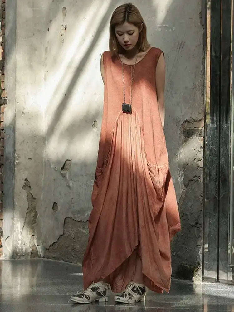 Women Orange Pleated Vintage Casual Dress New Round Neck Sleeveless Loose Fit Fashion Tide Spring Summer 2025 1DF6825