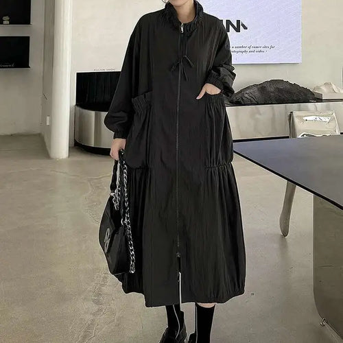 Load image into Gallery viewer, Women Khaki Pleated Big Size Casual Midi Dress New Stand Collar Long Sleeve Fashion Tide Spring Autumn 2025 1DH6824
