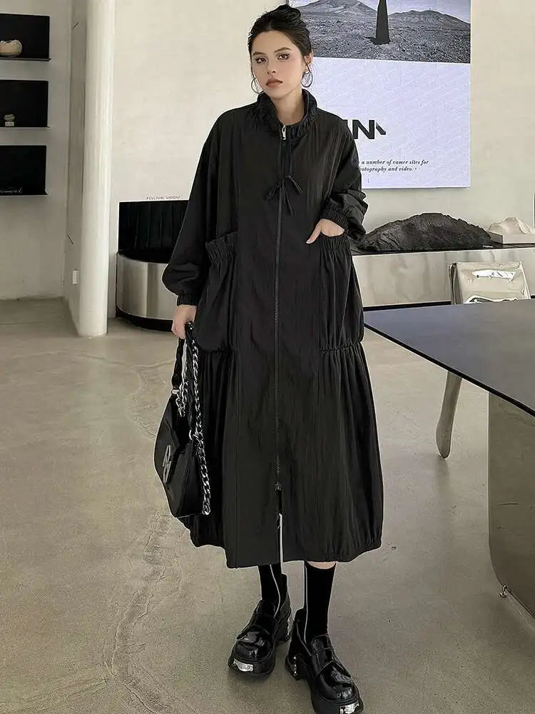 Women Khaki Pleated Big Size Casual Midi Dress New Stand Collar Long Sleeve Fashion Tide Spring Autumn 2025 1DH6824