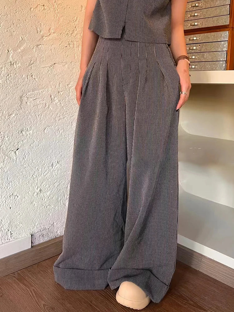 Solid Spliced Folds Pants For Women High Waist Patchwork Pockets Minimalist Casual Wide Leg Pant Female Fashion