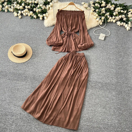 Load image into Gallery viewer, French Retro 2025 Women Solid Off Shoulder Elegant Lace-up Pleated Tops+ High Waist Party Long Skirt Spring Autumn Two Piece Set
