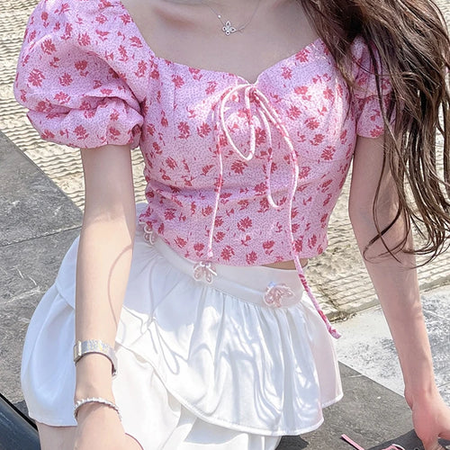 Load image into Gallery viewer, Pink Printed Sexy Puff Sleeve Women&#39;s Blouses Slim Waist Square Neck Lace-up Fashion Female Blouse Casual Office Ladies
