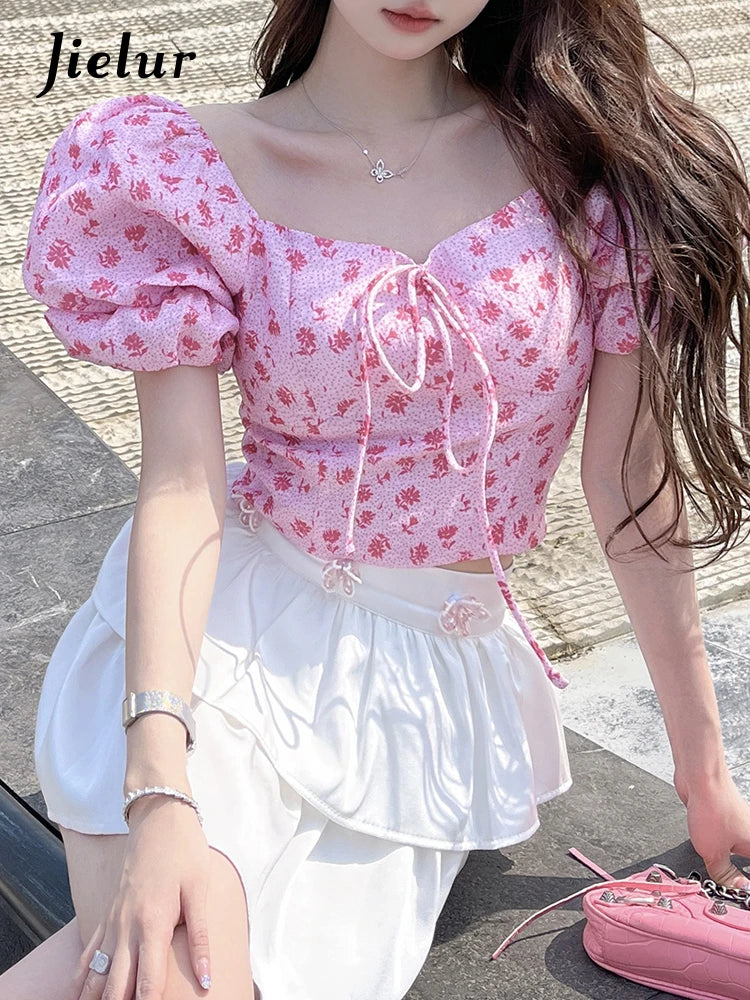 Pink Printed Sexy Puff Sleeve Women's Blouses Slim Waist Square Neck Lace-up Fashion Female Blouse Casual Office Ladies