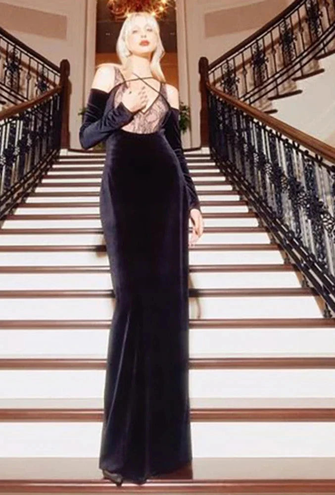 Deep V Long Sleeve Backless Maxi Dress Black Lace Velvet Evening Gown Sexy Party Dresess for Woman 2024 C87-EZ44