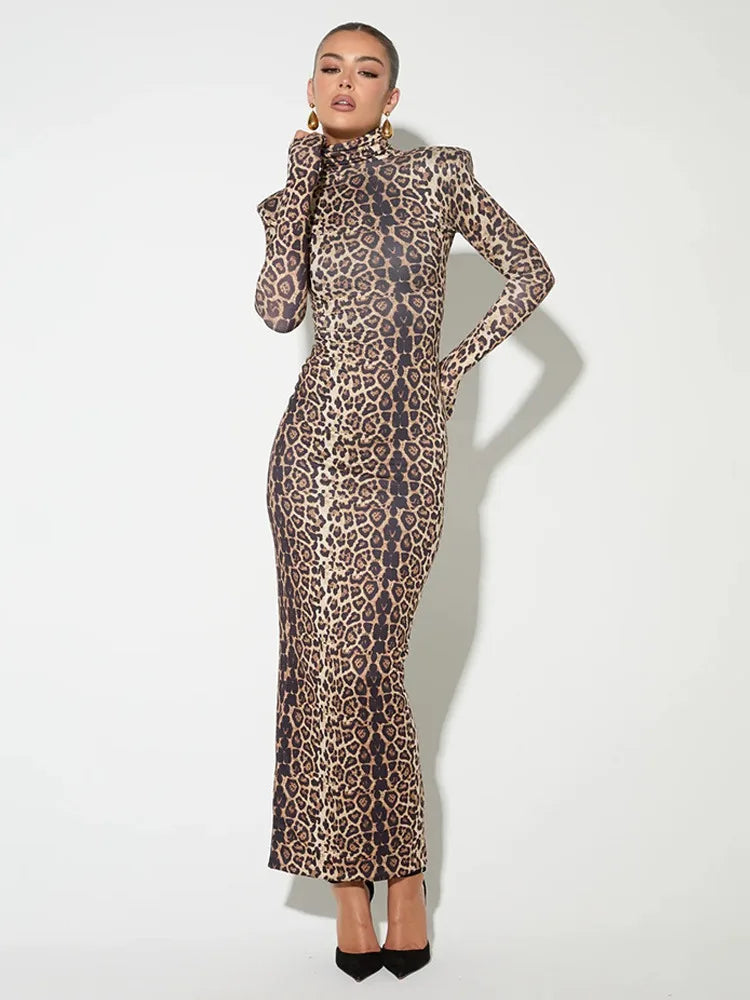 Fashion Autumn/Winter Long Sleeve Leopard Elastic Tight Dress Women Sexy Bodycon Dress Party Club Evening Dress 2025