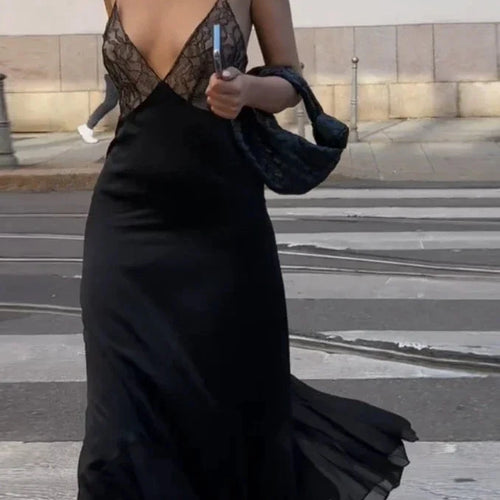 Load image into Gallery viewer, Lace Satin Flowy Fishtail Dress Women Party Elegant Sexy Black Deep V Neck Backless Going Out Long Dresses C15-DC22
