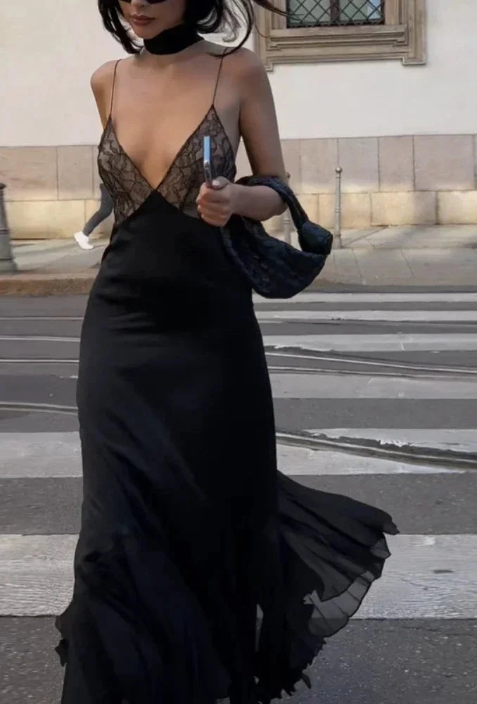 Lace Satin Flowy Fishtail Dress Women Party Elegant Sexy Black Deep V Neck Backless Going Out Long Dresses C15-DC22