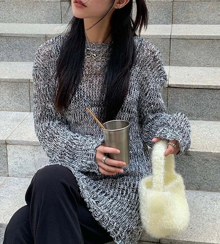 Y2k Aesthetic Pullover Harajuku Gothic Knitted See Through Sweater Grunge Autumn Jumper Japanese Fashion Knitwear Tops