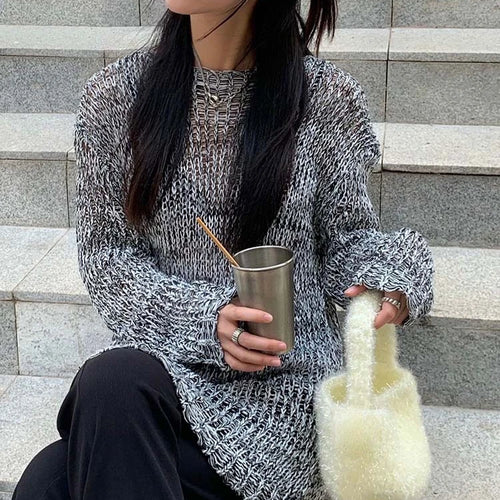 Load image into Gallery viewer, Y2k Aesthetic Pullover Harajuku Gothic Knitted See Through Sweater Grunge Autumn Jumper Japanese Fashion Knitwear Tops
